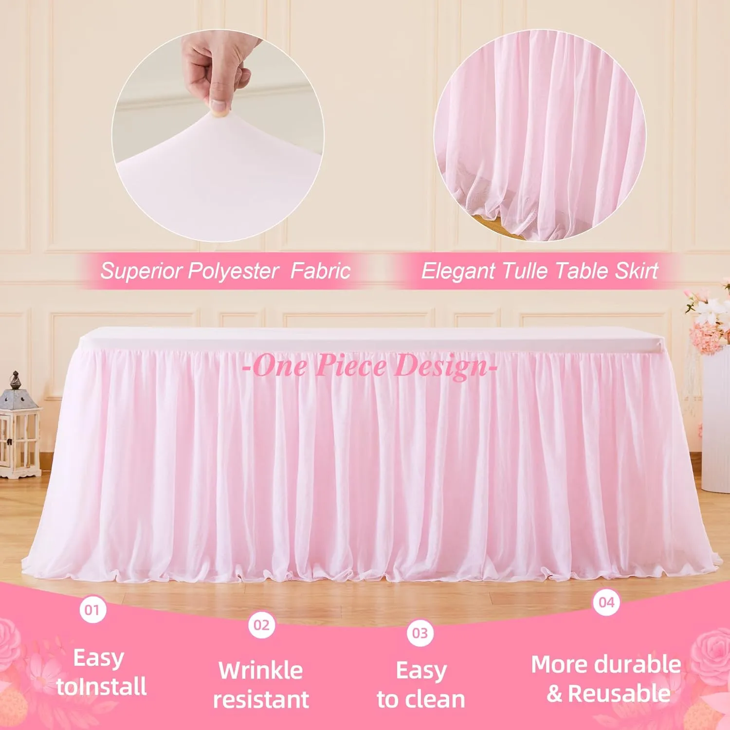 2 Pack Pink Tulle Table Cloth for Rectangle Tables, 6FT Ruffle Tutu Stretch Fitted Tablecloths, Wrinkle Free Tulle Table Skirt Table Cover for Party Wedding Girls Birthday Baby Bridal Shower