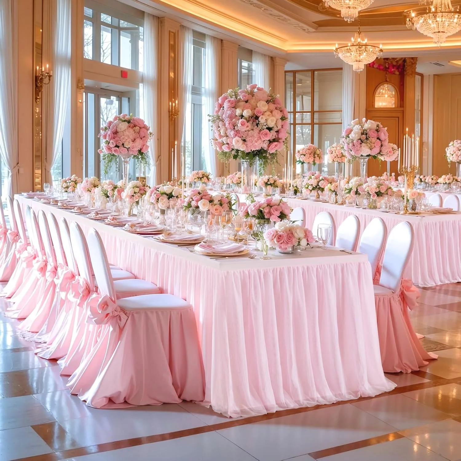 2 Pack Pink Tulle Table Cloth for Rectangle Tables, 6FT Ruffle Tutu Stretch Fitted Tablecloths, Wrinkle Free Tulle Table Skirt Table Cover for Party Wedding Girls Birthday Baby Bridal Shower