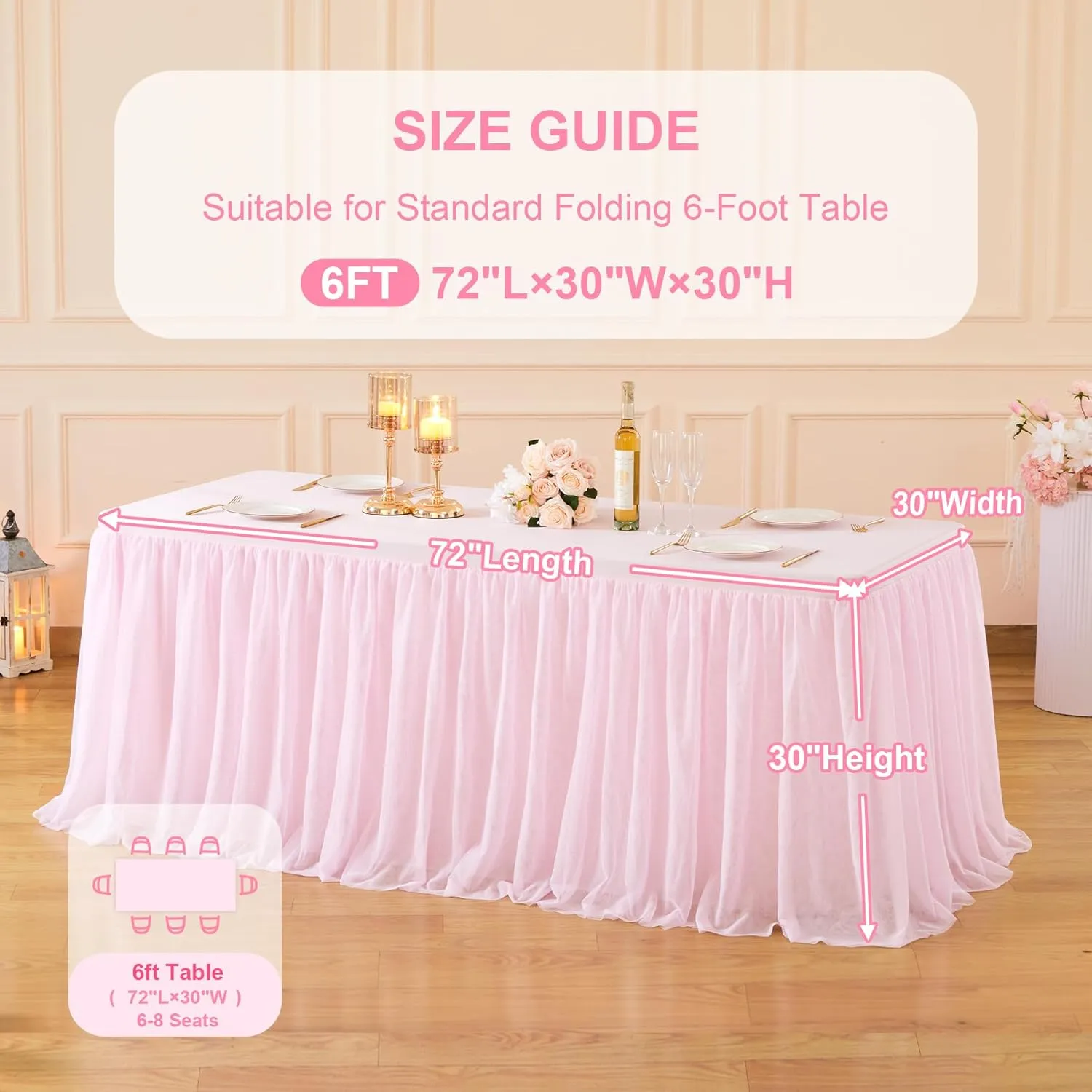 2 Pack Pink Tulle Table Cloth for Rectangle Tables, 6FT Ruffle Tutu Stretch Fitted Tablecloths, Wrinkle Free Tulle Table Skirt Table Cover for Party Wedding Girls Birthday Baby Bridal Shower