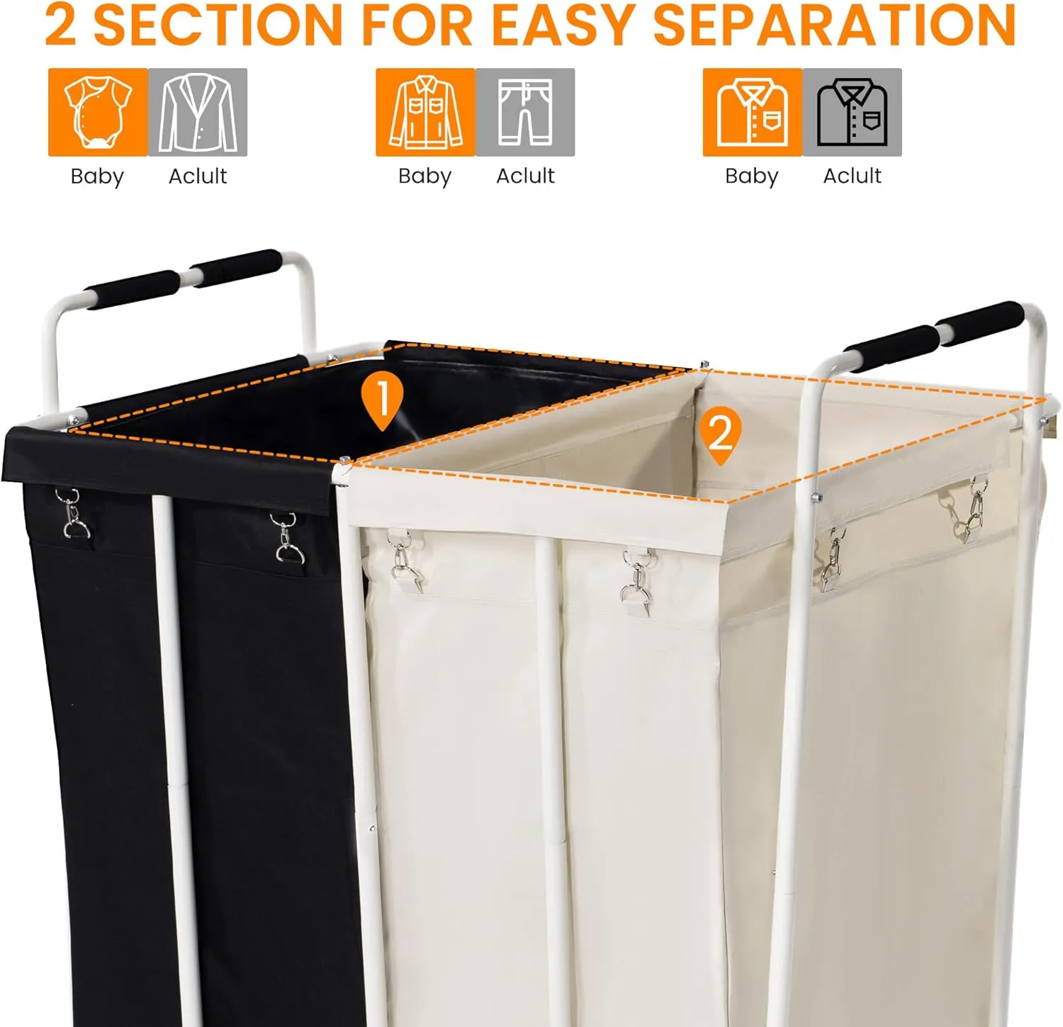 2 Section Laundry Sorter Cart, Rolling Heavy Duty Laundry Sorter, Large Laundry Hamper with Removable Bags for Laundry Room, Bathroom, Hotel, Black & Beige