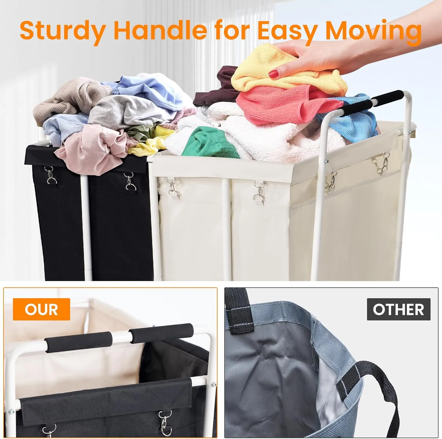 2 Section Laundry Sorter Cart, Rolling Heavy Duty Laundry Sorter, Large Laundry Hamper with Removable Bags for Laundry Room, Bathroom, Hotel, Black & Beige