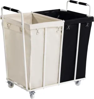 2 Section Laundry Sorter Cart, Rolling Heavy Duty Laundry Sorter, Large Laundry Hamper with Removable Bags for Laundry Room, Bathroom, Hotel, Black & Beige