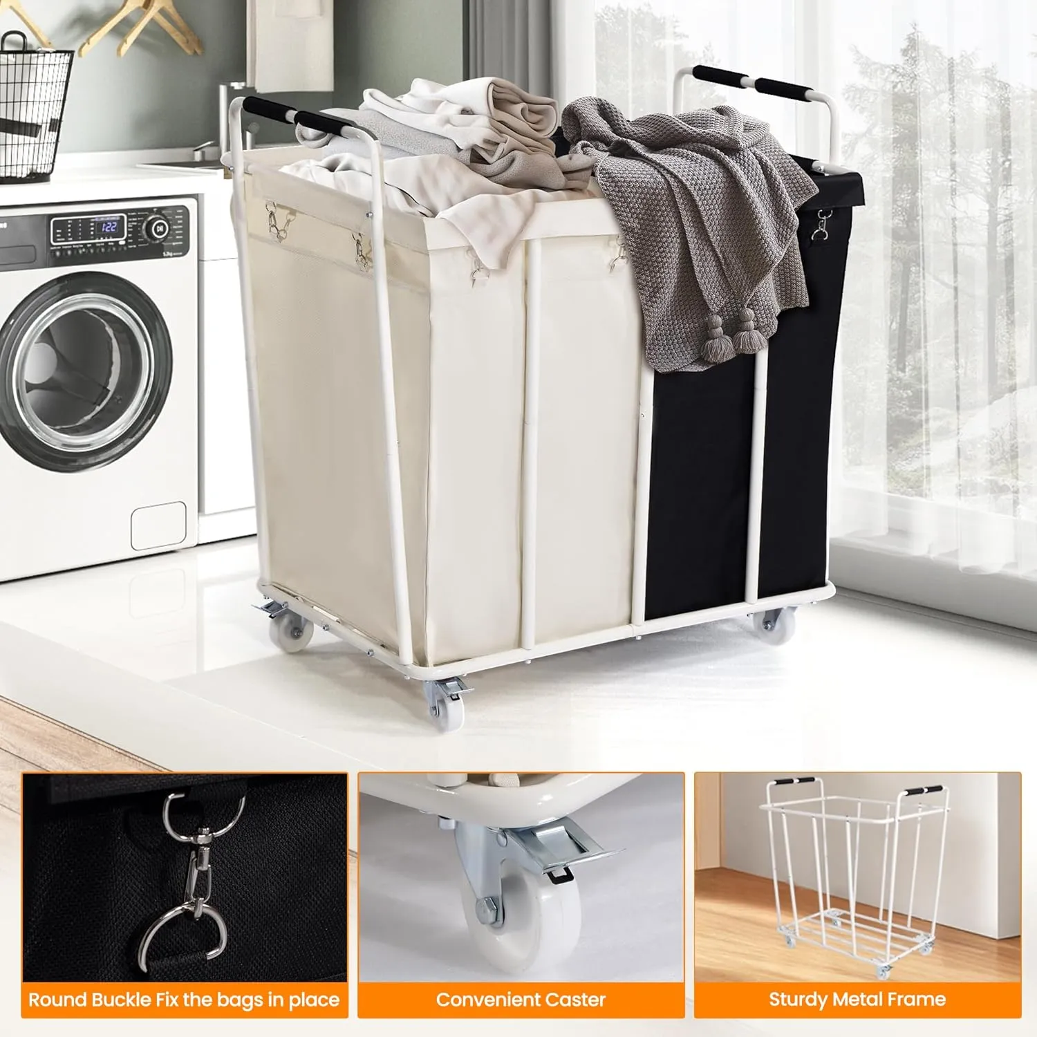 2 Section Laundry Sorter Cart, Rolling Heavy Duty Laundry Sorter, Large Laundry Hamper with Removable Bags for Laundry Room, Bathroom, Hotel, Black & Beige