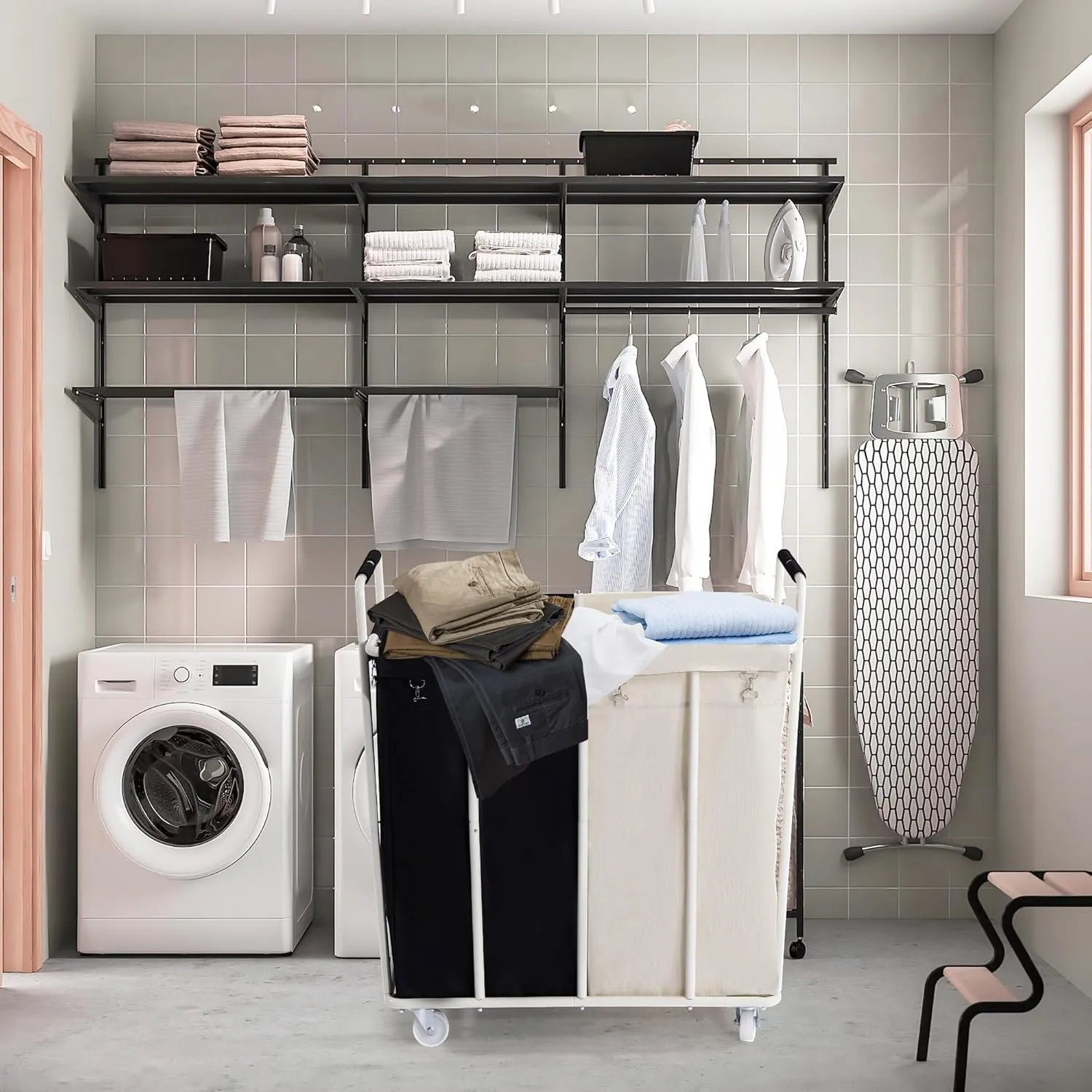 2 Section Laundry Sorter Cart, Rolling Heavy Duty Laundry Sorter, Large Laundry Hamper with Removable Bags for Laundry Room, Bathroom, Hotel, Black & Beige
