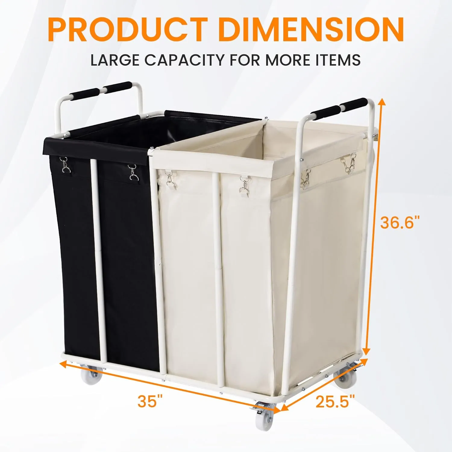 2 Section Laundry Sorter Cart, Rolling Heavy Duty Laundry Sorter, Large Laundry Hamper with Removable Bags for Laundry Room, Bathroom, Hotel, Black & Beige