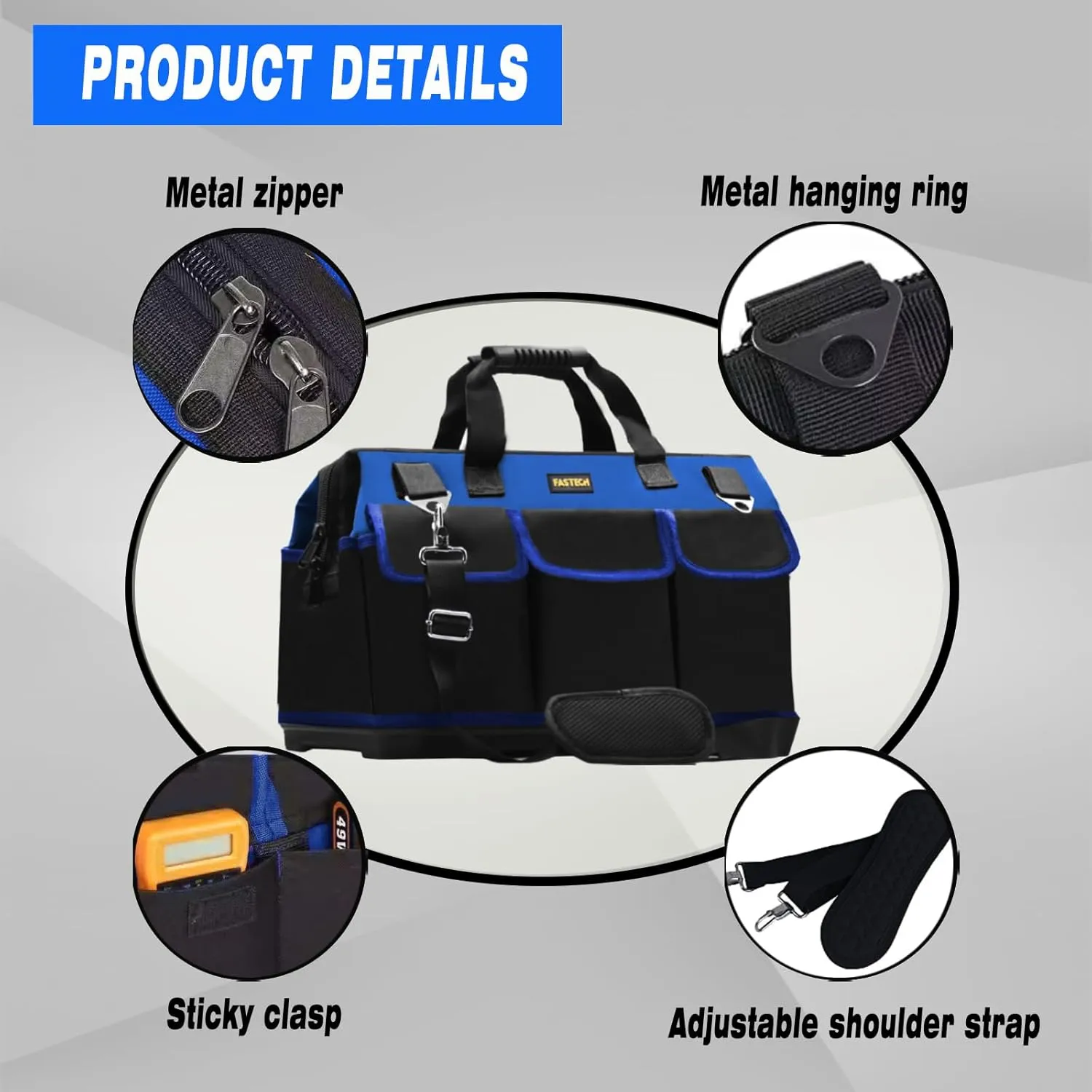 20 Inch Bottom Tools Bag With Wide Mouth For Tool Storage, Carrier and Organizer, Heavy Duty Tool Tote Bag for Men/Women, Wide Mouth Tool Bag With Inside Pockets (20 Inch)