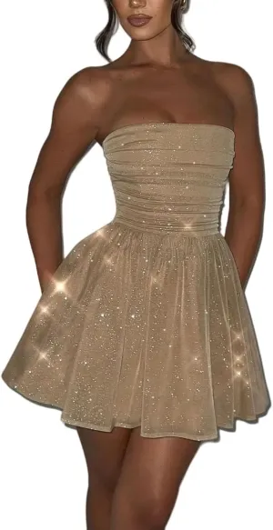2024 Glitter Tulle Prom Dress for Teens - Strapless Short Homecoming Gown