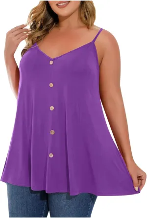 2025 Plus Size Tank Tops for Women Summer Buttons V Neck Solid Color Sleeveless Tanks Loose Fit Pleated Flowy Cami