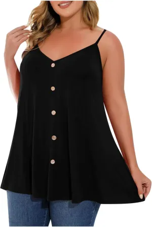 2025 Plus Size Tank Tops for Women Summer Buttons V Neck Solid Color Sleeveless Tanks Loose Fit Pleated Flowy Cami
