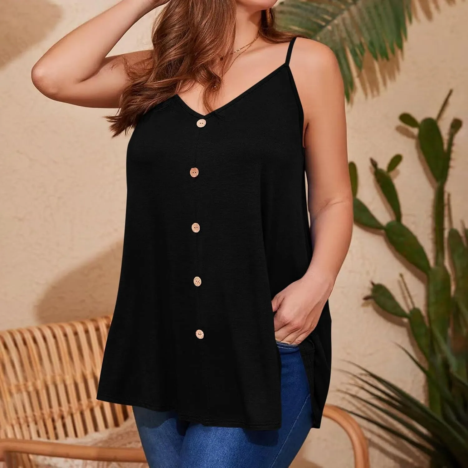 2025 Plus Size Tank Tops for Women Summer Buttons V Neck Solid Color Sleeveless Tanks Loose Fit Pleated Flowy Cami