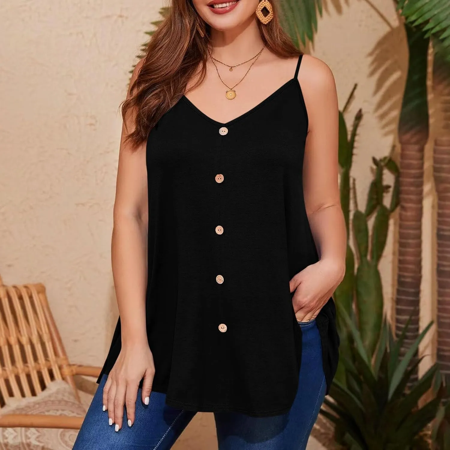 2025 Plus Size Tank Tops for Women Summer Buttons V Neck Solid Color Sleeveless Tanks Loose Fit Pleated Flowy Cami