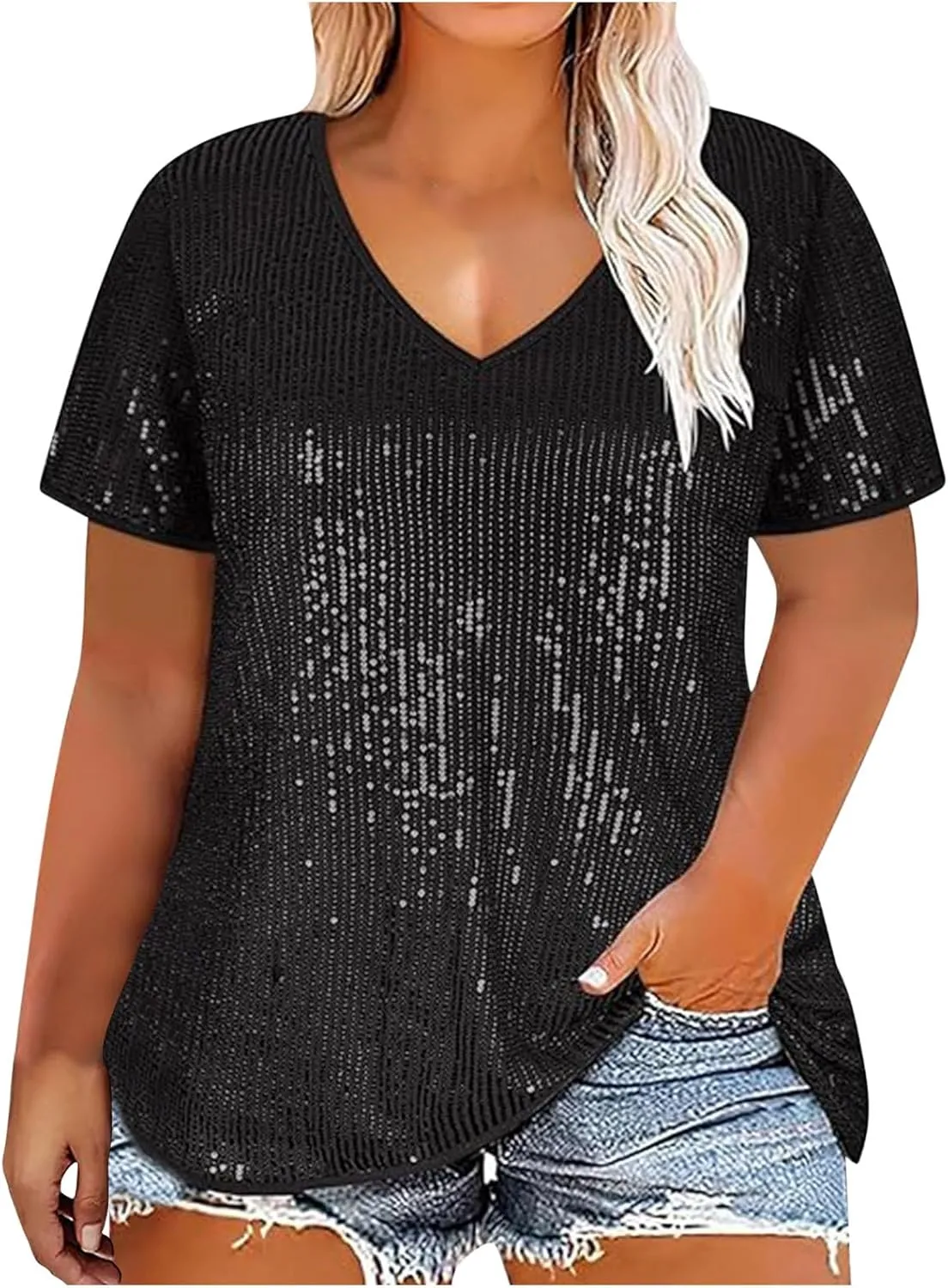 2025 Sequin Shirt for Women Plus Size V-Neck Sparkle Patchwork Short Sleeve Casual Blouse Comfy Oversized Trendy Tops