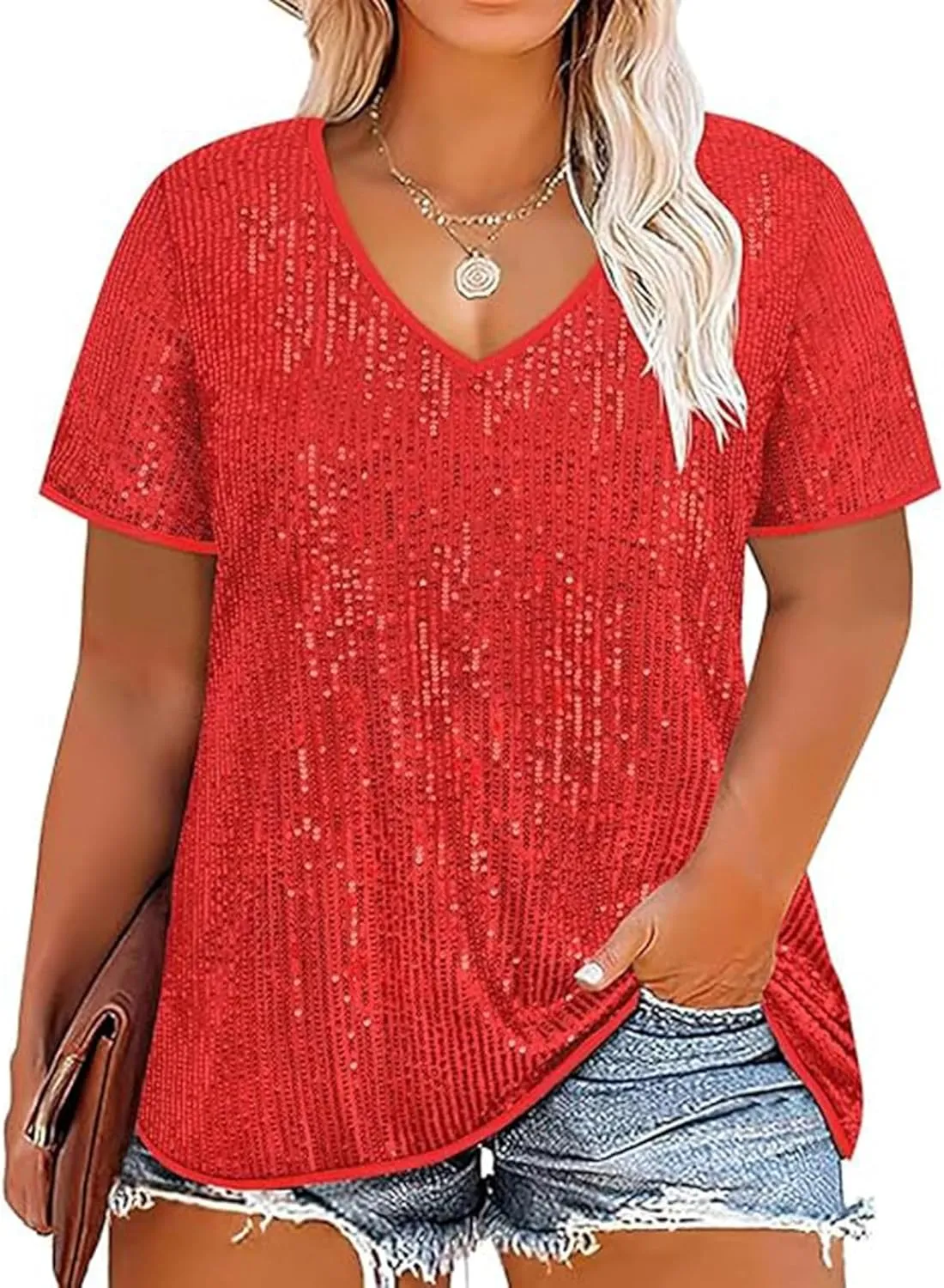 2025 Sequin Shirt for Women Plus Size V-Neck Sparkle Patchwork Short Sleeve Casual Blouse Comfy Oversized Trendy Tops
