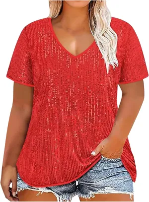 2025 Sequin Shirt for Women Plus Size V-Neck Sparkle Patchwork Short Sleeve Casual Blouse Comfy Oversized Trendy Tops