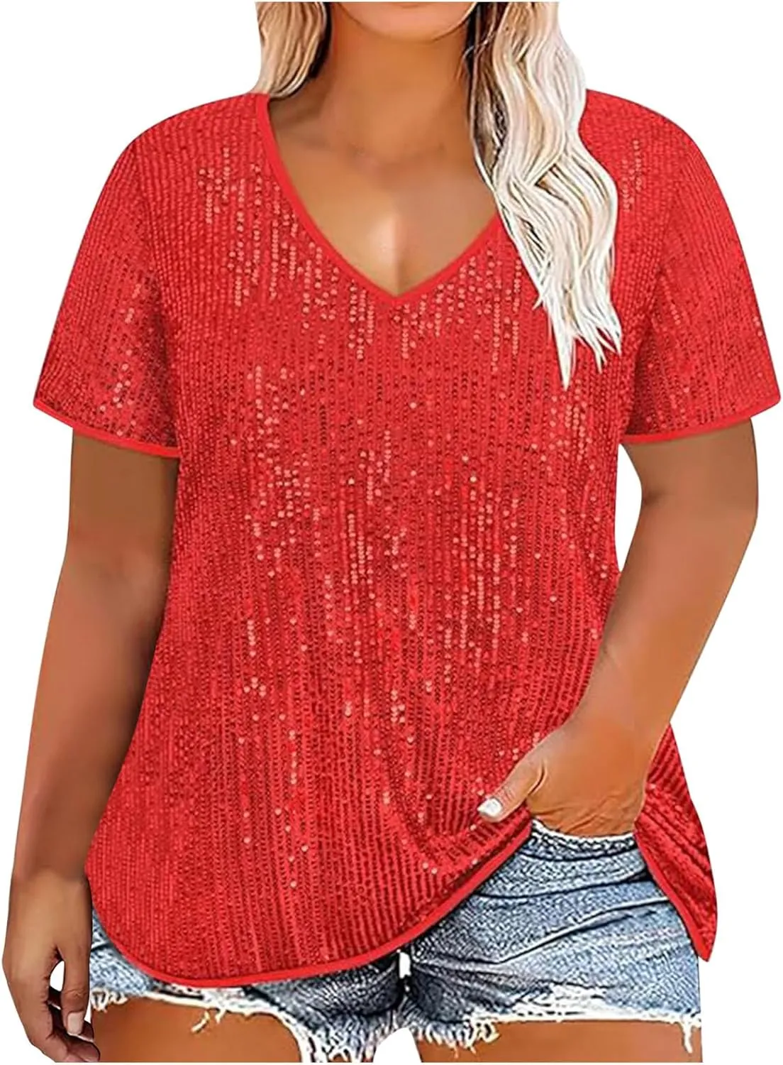 2025 Sequin Shirt for Women Plus Size V-Neck Sparkle Patchwork Short Sleeve Casual Blouse Comfy Oversized Trendy Tops
