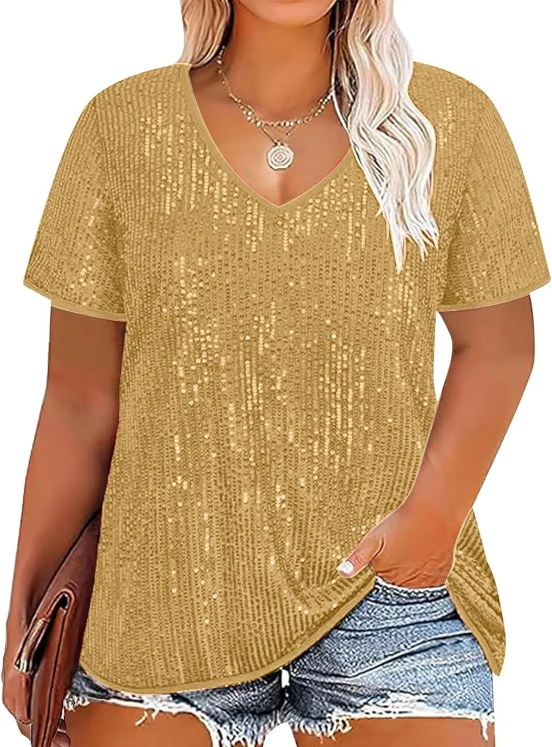 2025 Sequin Shirt for Women Plus Size V-Neck Sparkle Patchwork Short Sleeve Casual Blouse Comfy Oversized Trendy Tops