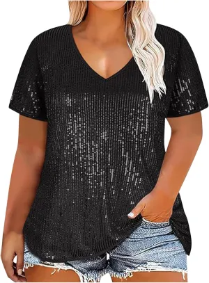 2025 Sequin Shirt for Women Plus Size V-Neck Sparkle Patchwork Short Sleeve Casual Blouse Comfy Oversized Trendy Tops
