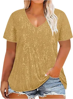 2025 Sequin Shirt for Women Plus Size V-Neck Sparkle Patchwork Short Sleeve Casual Blouse Comfy Oversized Trendy Tops
