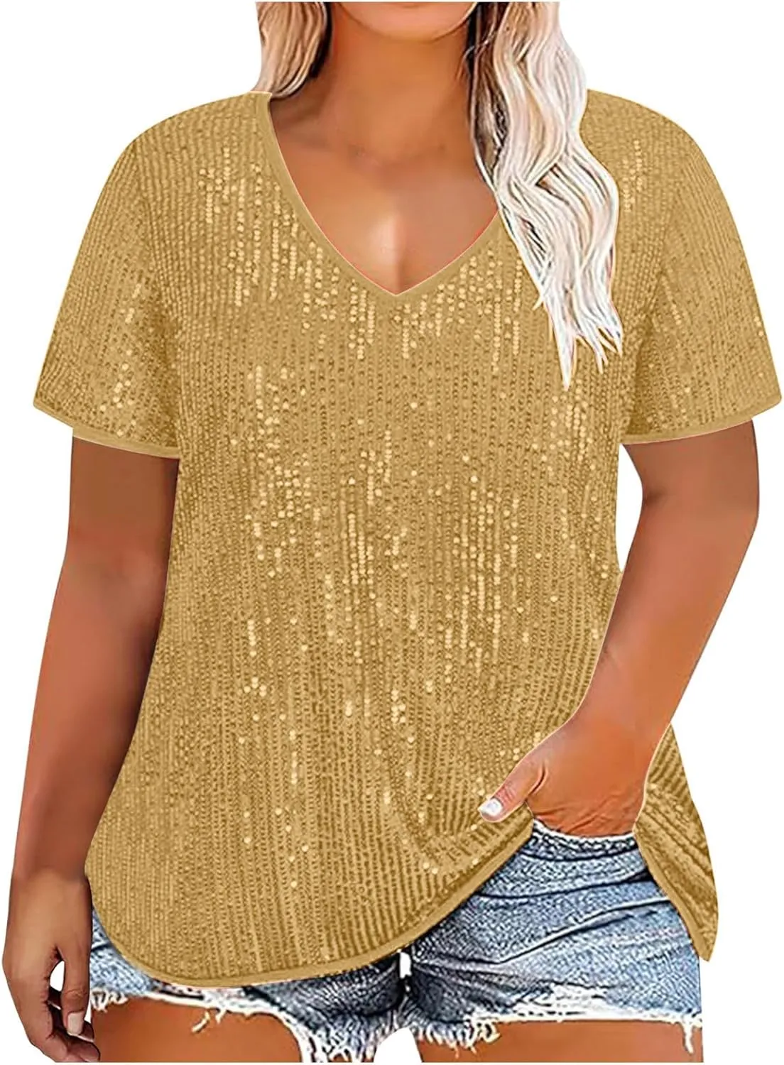 2025 Sequin Shirt for Women Plus Size V-Neck Sparkle Patchwork Short Sleeve Casual Blouse Comfy Oversized Trendy Tops