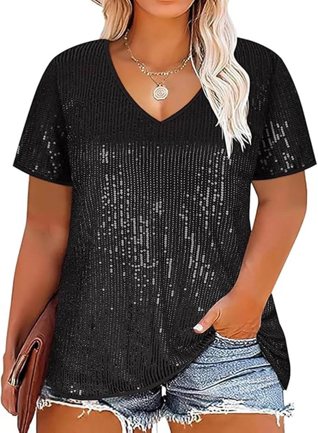 2025 Sequin Shirt for Women Plus Size V-Neck Sparkle Patchwork Short Sleeve Casual Blouse Comfy Oversized Trendy Tops