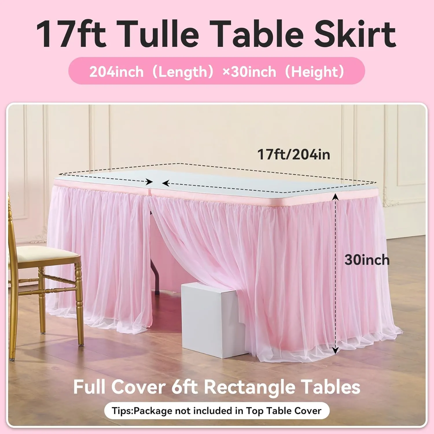 204in Baby Pink Tulle Table Skirts for Rectangle Tables 6ft 8ft, 2-Layer 17 ft Long Gold Grim Princess Pink Ruffle Tulle Tutu Table Skirt Cloth for Girl Birthday Baby Cake Dessert(No Table Cover)