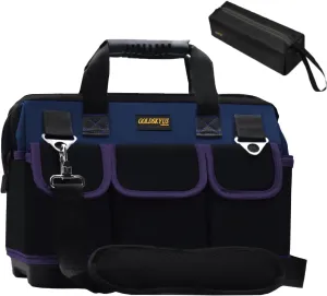 22-Inch Wide Mouth Tool Bag Heavy Duty Waterproof Tool Storage Bag with Adjustable Shoulder Strap and Extra Bottom Base for Professional Use Tool & Equipment Storage (DarkBlue 22IN)