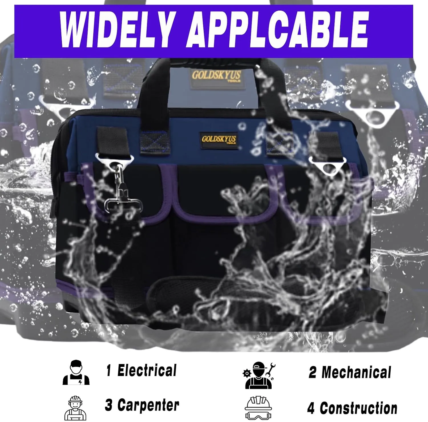 22-Inch Wide Mouth Tool Bag Heavy Duty Waterproof Tool Storage Bag with Adjustable Shoulder Strap and Extra Bottom Base for Professional Use Tool & Equipment Storage (DarkBlue 22IN)
