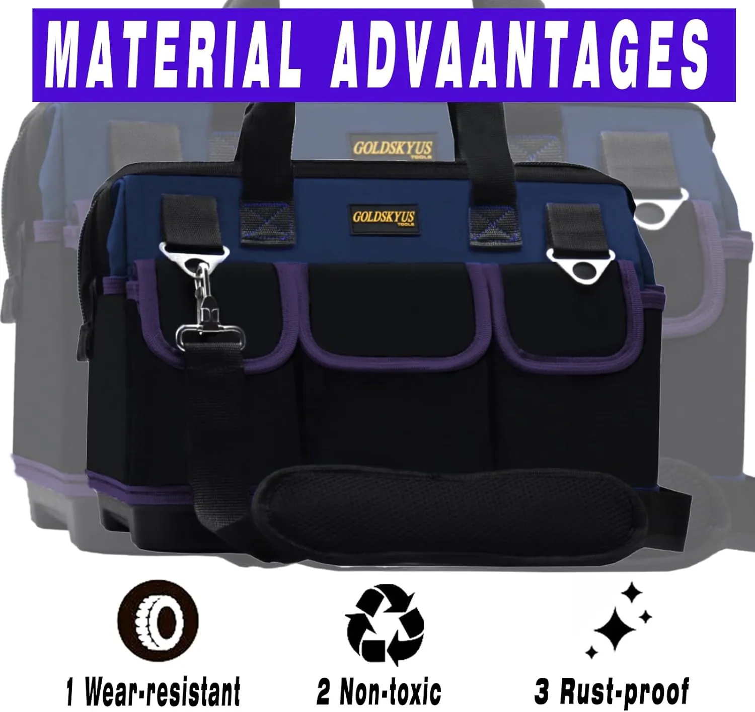 22-Inch Wide Mouth Tool Bag Heavy Duty Waterproof Tool Storage Bag with Adjustable Shoulder Strap and Extra Bottom Base for Professional Use Tool & Equipment Storage (DarkBlue 22IN)