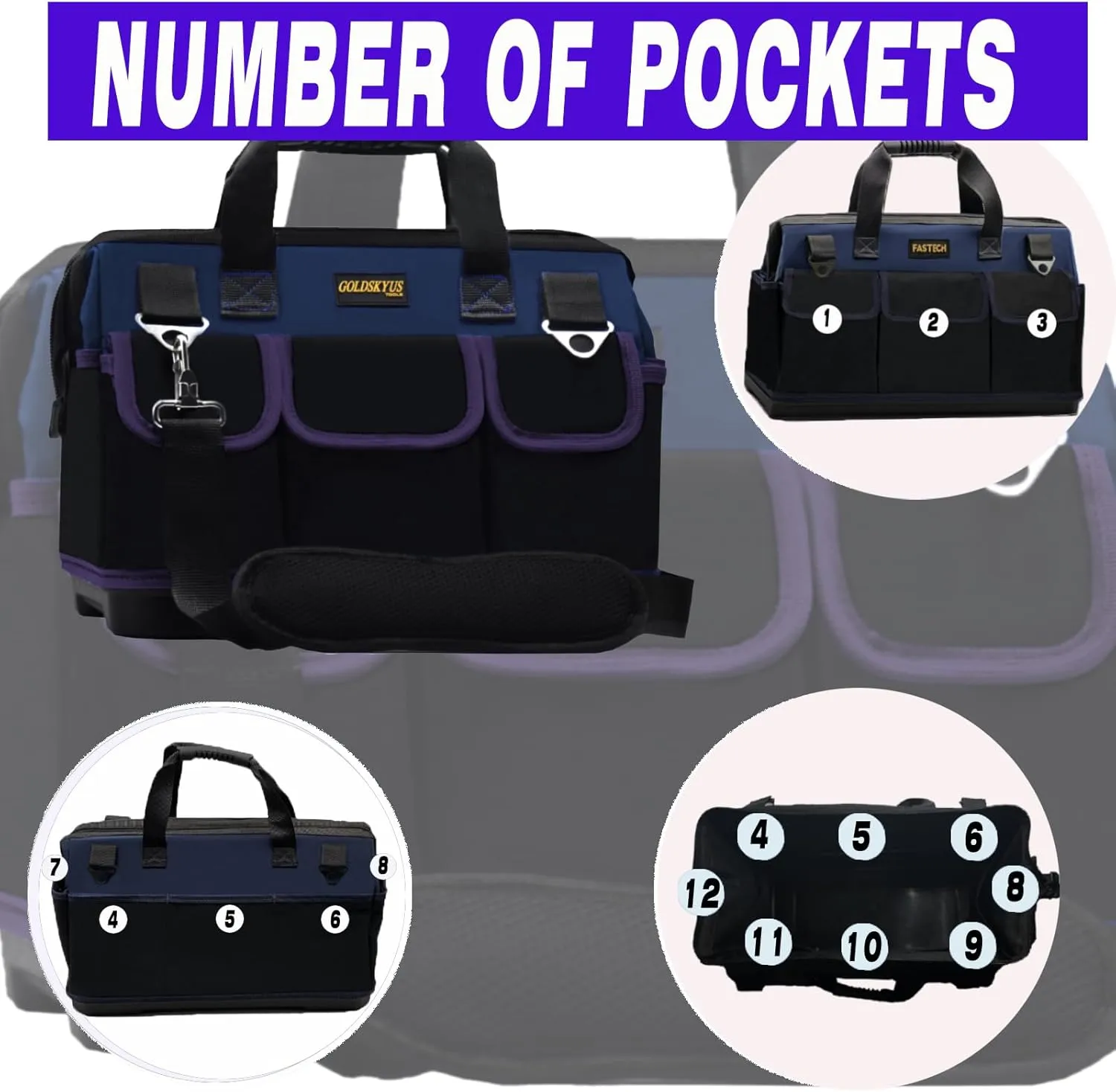 22-Inch Wide Mouth Tool Bag Heavy Duty Waterproof Tool Storage Bag with Adjustable Shoulder Strap and Extra Bottom Base for Professional Use Tool & Equipment Storage (DarkBlue 22IN)