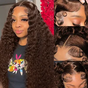 24 Inch 13x6 Brown Deep Wave Lace Front Wigs Human Hair Chocolate Brown Curly Wig Human Hair 200 Density HD Lace Frontal #4 Colored Curly Wig Wet and Wavy Glueless Wigs Human Hair Wigs for Women