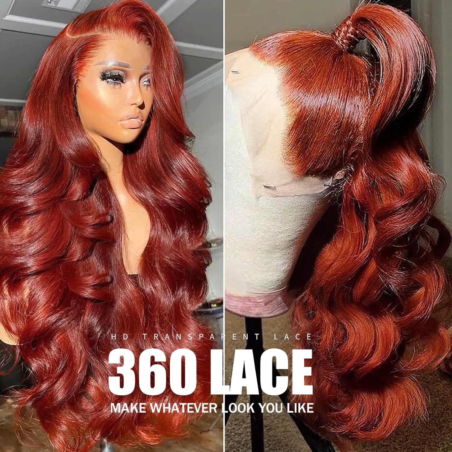 30 Inch Auburn Ginger Brown 360 Lace Front Wigs Human Hair 180% Density Body Wave Reddish Brown Wig Human Hair Burnt Orange HD Transparent 360 Lace Frontal Wig Full Lace Colored Wigs for Women