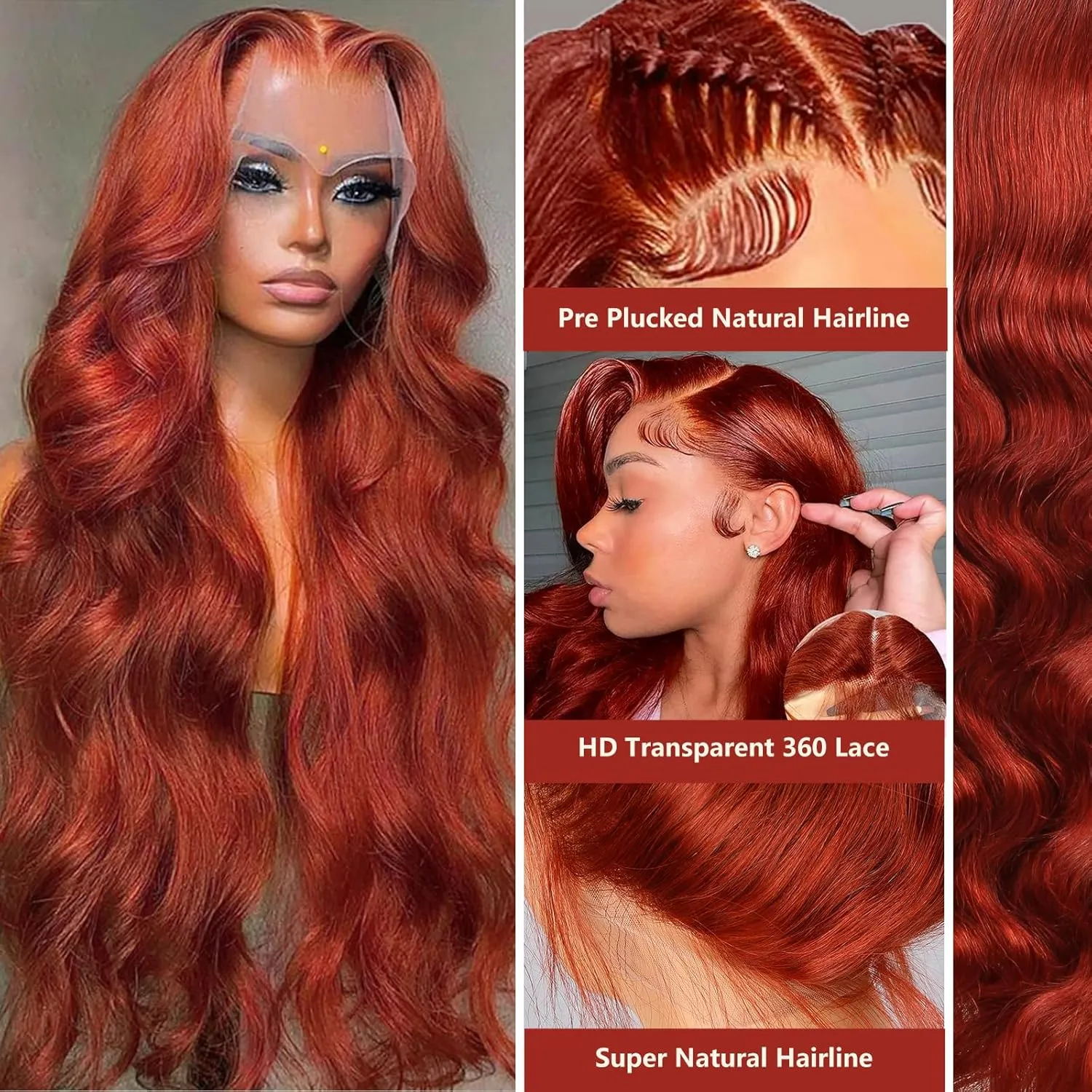 30 Inch Auburn Ginger Brown 360 Lace Front Wigs Human Hair 180% Density Body Wave Reddish Brown Wig Human Hair Burnt Orange HD Transparent 360 Lace Frontal Wig Full Lace Colored Wigs for Women