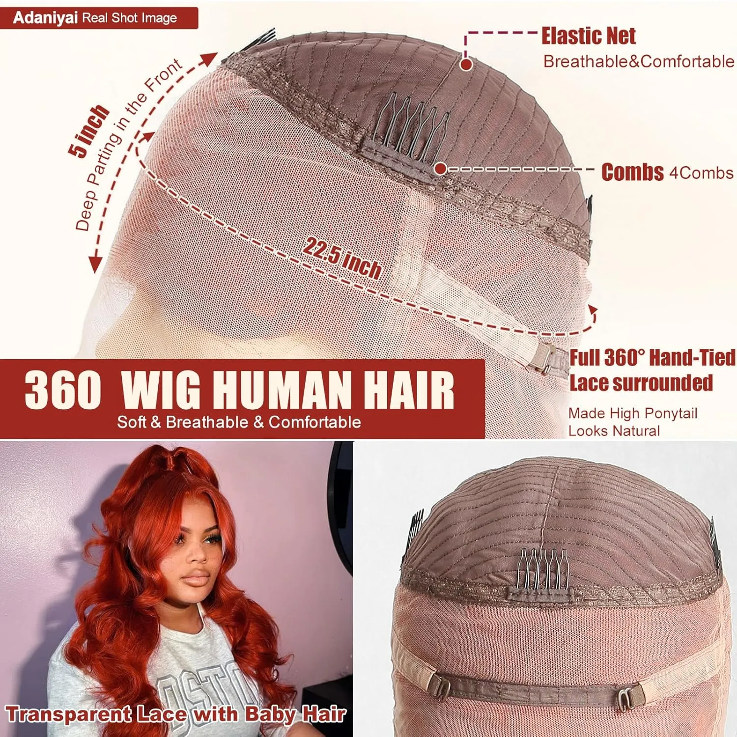 30 Inch Auburn Ginger Brown 360 Lace Front Wigs Human Hair 180% Density Body Wave Reddish Brown Wig Human Hair Burnt Orange HD Transparent 360 Lace Frontal Wig Full Lace Colored Wigs for Women