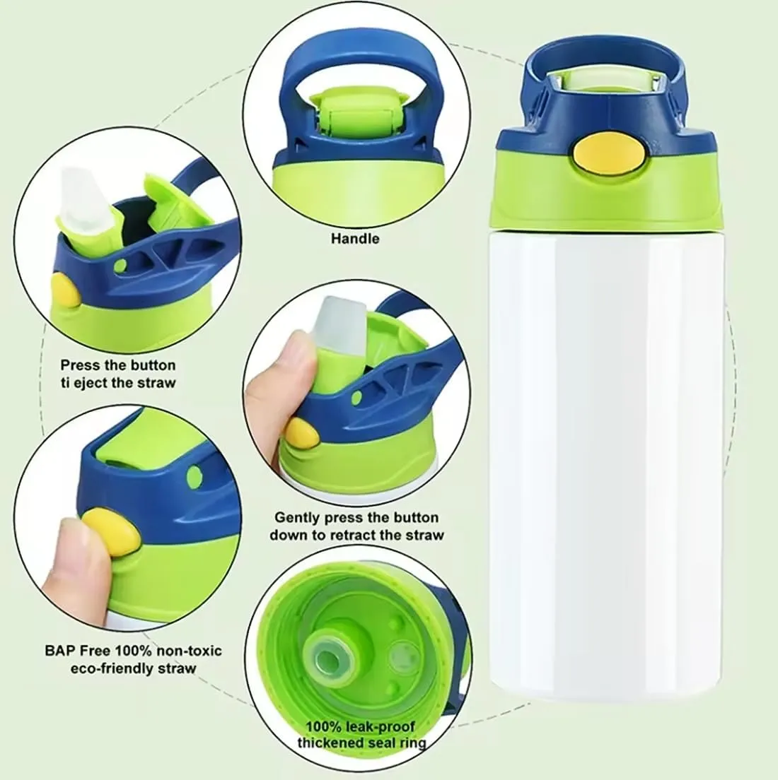 30 PACK 12oz Kids Sublimation Tumbler Bulk,Sublimation Kids Water Bottle with One-click Pop-up Straw Lid and Handle, Spill Proof lid,for Water,Drinks