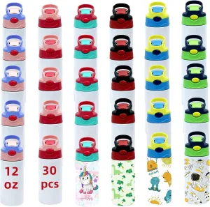 30 PACK 12oz Kids Sublimation Tumbler Bulk,Sublimation Kids Water Bottle with One-click Pop-up Straw Lid and Handle, Spill Proof lid,for Water,Drinks