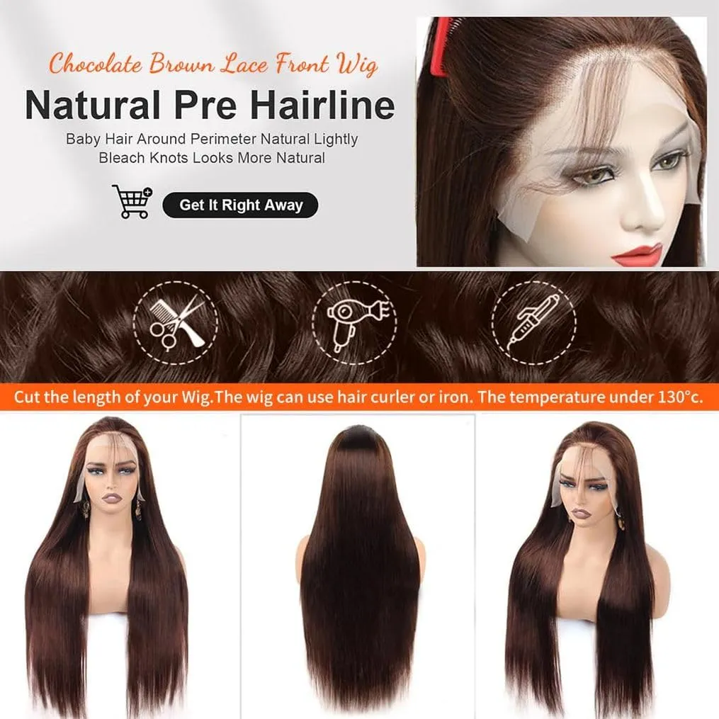 32 Inch Chocolate Brown Lace Front Wigs Human Hair Pre Bleached 200% Density 13x6 HD Straight Lace Front Wigs Pre Plucked with baby Hair