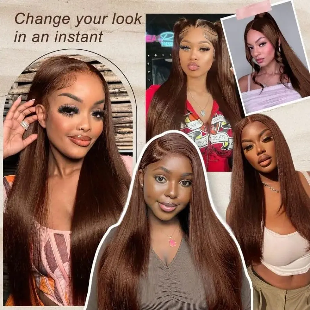32 Inch Chocolate Brown Lace Front Wigs Human Hair Pre Bleached 200% Density 13x6 HD Straight Lace Front Wigs Pre Plucked with baby Hair