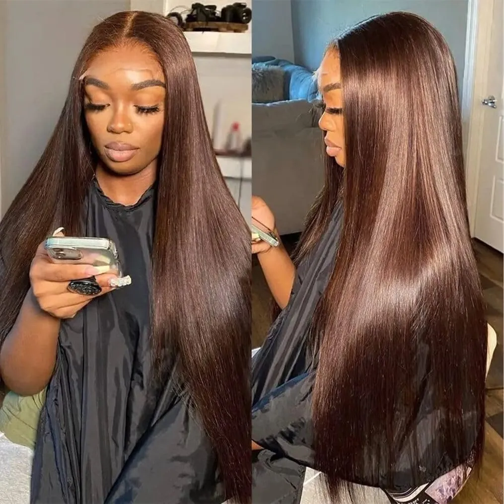 32 Inch Chocolate Brown Lace Front Wigs Human Hair Pre Bleached 200% Density 13x6 HD Straight Lace Front Wigs Pre Plucked with baby Hair