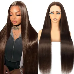 32 Inch Chocolate Brown Lace Front Wigs Human Hair Pre Bleached 200% Density 13x6 HD Straight Lace Front Wigs Pre Plucked with baby Hair