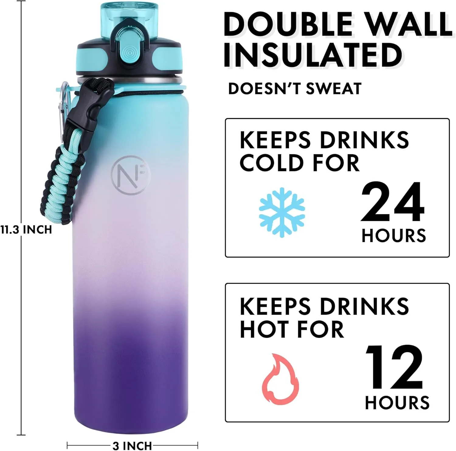 32 oz Insulated Water Bottle With Detachable Straw & Paracord Handle, Stainless Steel Thermos Water Bottle with Leakproof Lockable Lid, BPA-Free Sports Bottle (Green Pink Purple Gradient)