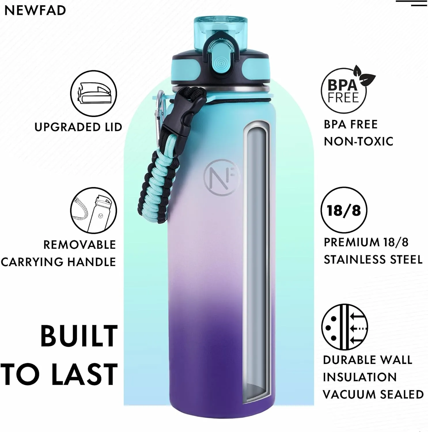 32 oz Insulated Water Bottle With Detachable Straw & Paracord Handle, Stainless Steel Thermos Water Bottle with Leakproof Lockable Lid, BPA-Free Sports Bottle (Green Pink Purple Gradient)