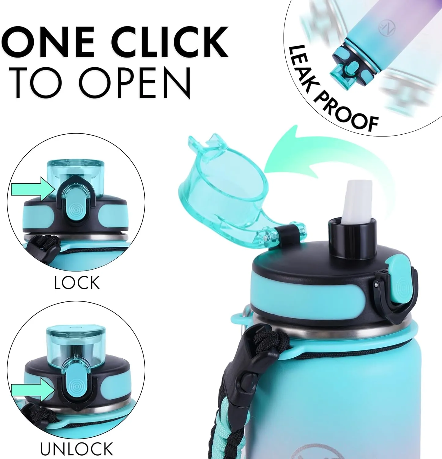 32 oz Insulated Water Bottle With Detachable Straw & Paracord Handle, Stainless Steel Thermos Water Bottle with Leakproof Lockable Lid, BPA-Free Sports Bottle (Green Pink Purple Gradient)