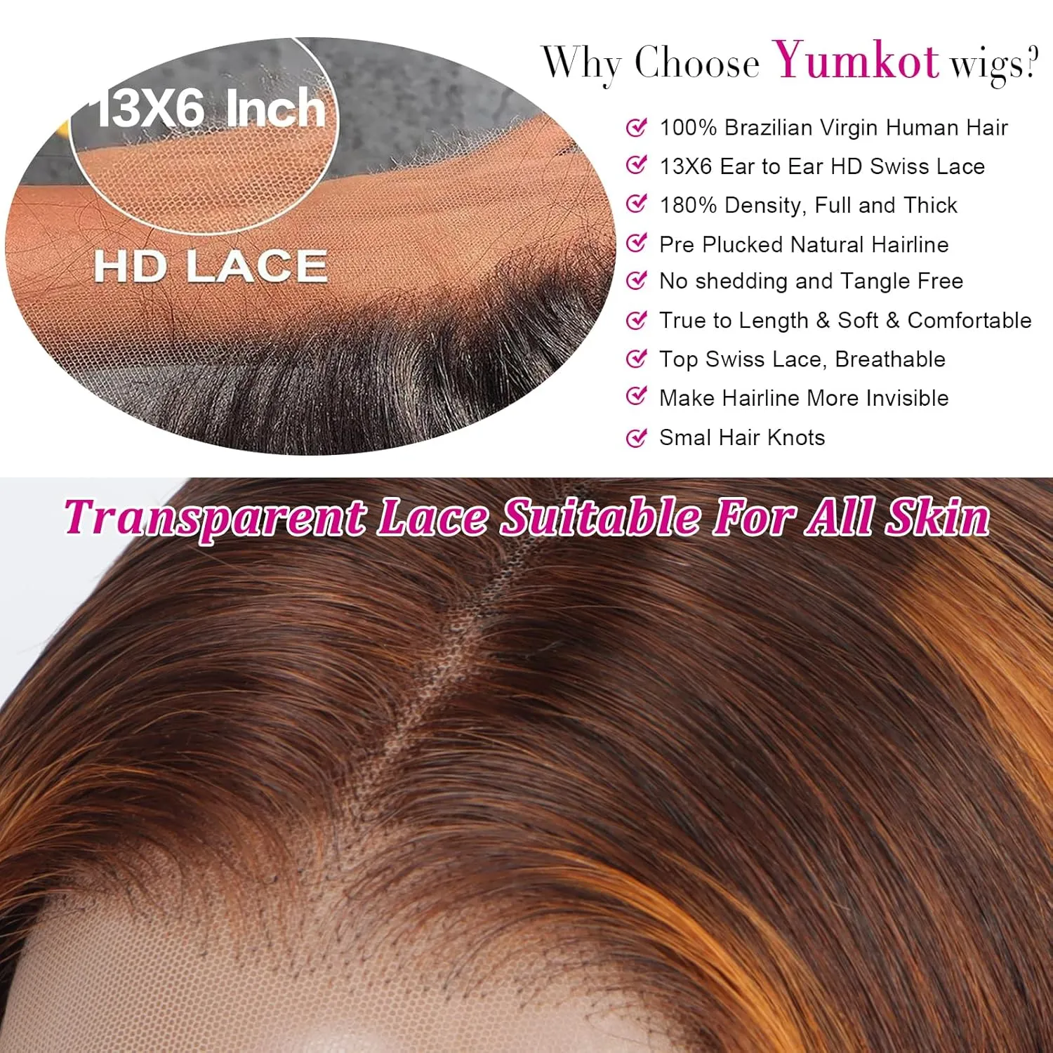 32inch 13 ×6 Brown Ginger Body Wave Lace Front Wigs Human Hair Pre Pluckd with Baby Hair 180% Density Brown Ginger Highlight Wigs Human Hair HD Lace Front Wig Colored Wigs for Women