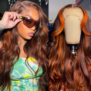 32inch 13 ×6 Brown Ginger Body Wave Lace Front Wigs Human Hair Pre Pluckd with Baby Hair 180% Density Brown Ginger Highlight Wigs Human Hair HD Lace Front Wig Colored Wigs for Women