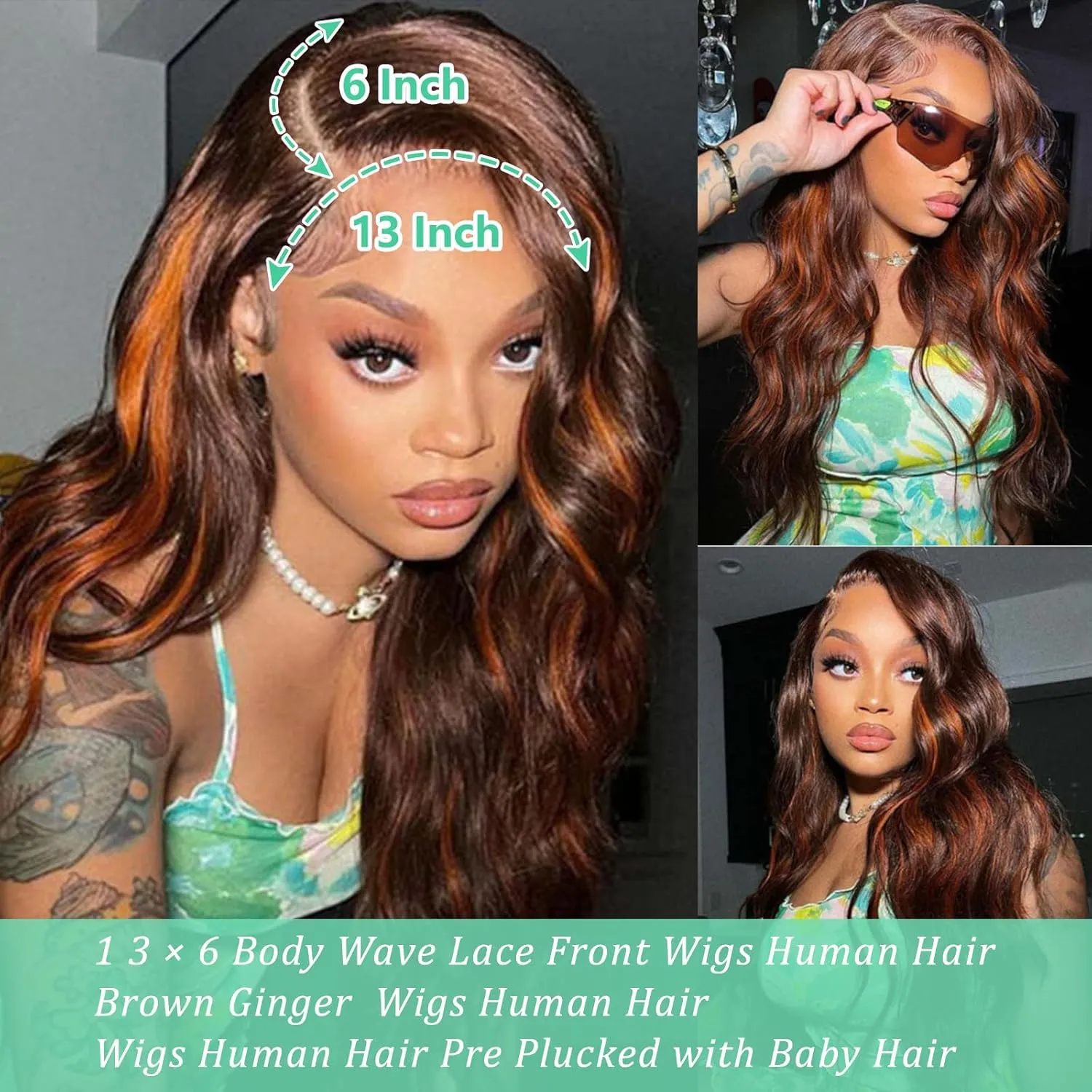 32inch 13 ×6 Brown Ginger Body Wave Lace Front Wigs Human Hair Pre Pluckd with Baby Hair 180% Density Brown Ginger Highlight Wigs Human Hair HD Lace Front Wig Colored Wigs for Women