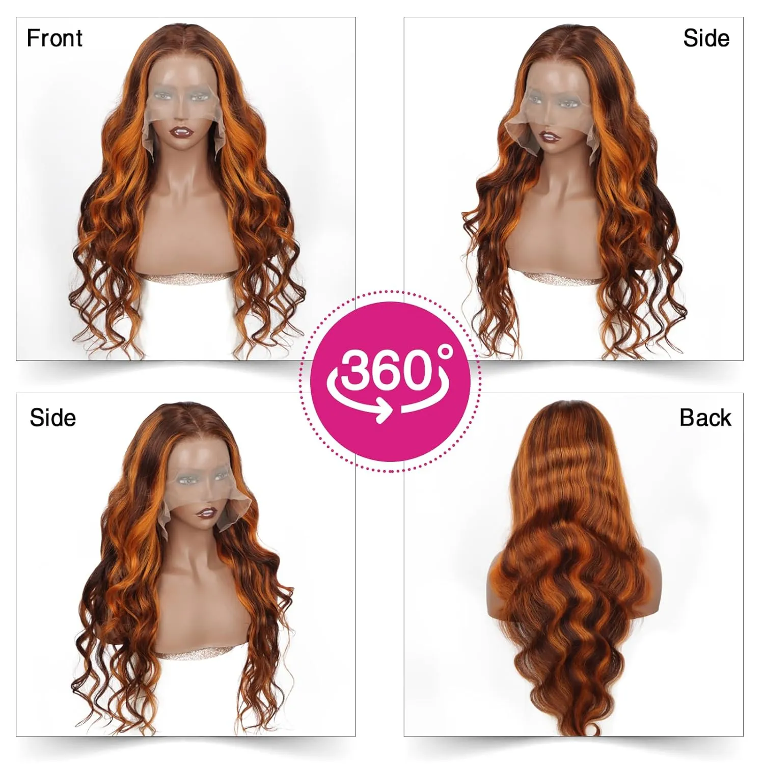 32inch 13 ×6 Brown Ginger Body Wave Lace Front Wigs Human Hair Pre Pluckd with Baby Hair 180% Density Brown Ginger Highlight Wigs Human Hair HD Lace Front Wig Colored Wigs for Women
