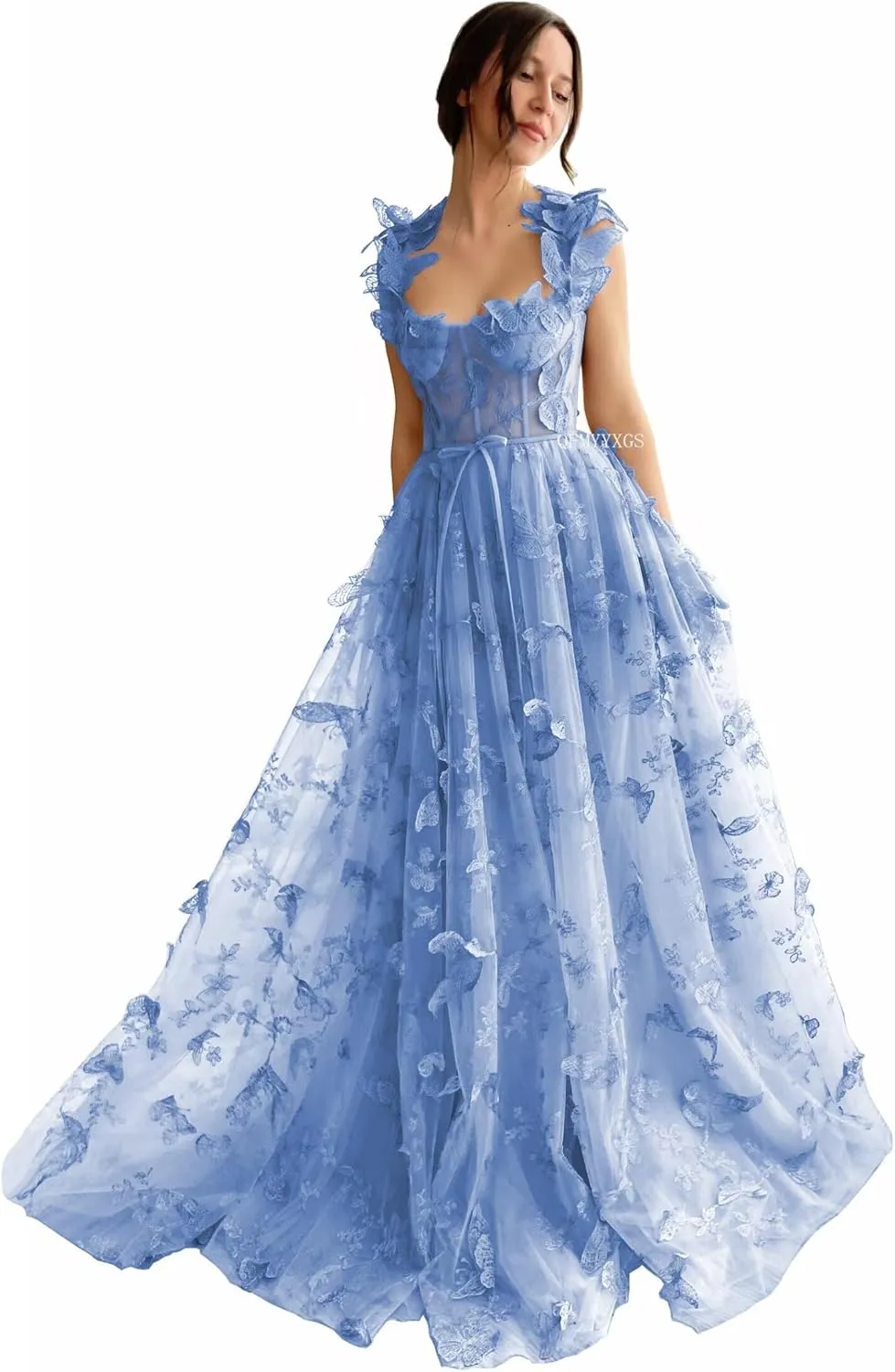 3D Butterfly Tulle Prom Dresses for Women 2025 Long Lace Applique Ball Gown Formal Evening Party Gown with Slit
