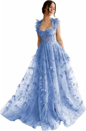 3D Butterfly Tulle Prom Dresses for Women 2025 Long Lace Applique Ball Gown Formal Evening Party Gown with Slit