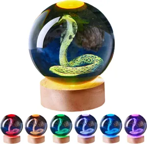 3D Large Snake Crystal Ball Night Light with Wooden Base, Cobra Crystal Lamp Gift for Kids Wife Friends, 16 Color Changing with Remote Control, Laser Engraved 3.15 inch Glass Ball Lamp (Snake)
