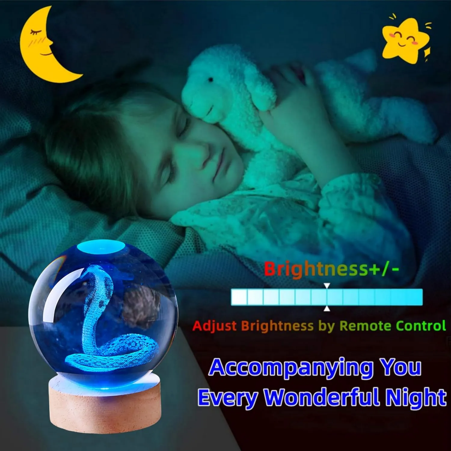 3D Large Snake Crystal Ball Night Light with Wooden Base, Cobra Crystal Lamp Gift for Kids Wife Friends, 16 Color Changing with Remote Control, Laser Engraved 3.15 inch Glass Ball Lamp (Snake)